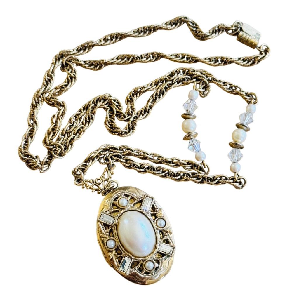 Victorian Style Locket Pearl Necklace VTG 1928 Gold Tone Rhinestone‎ Regency 28"